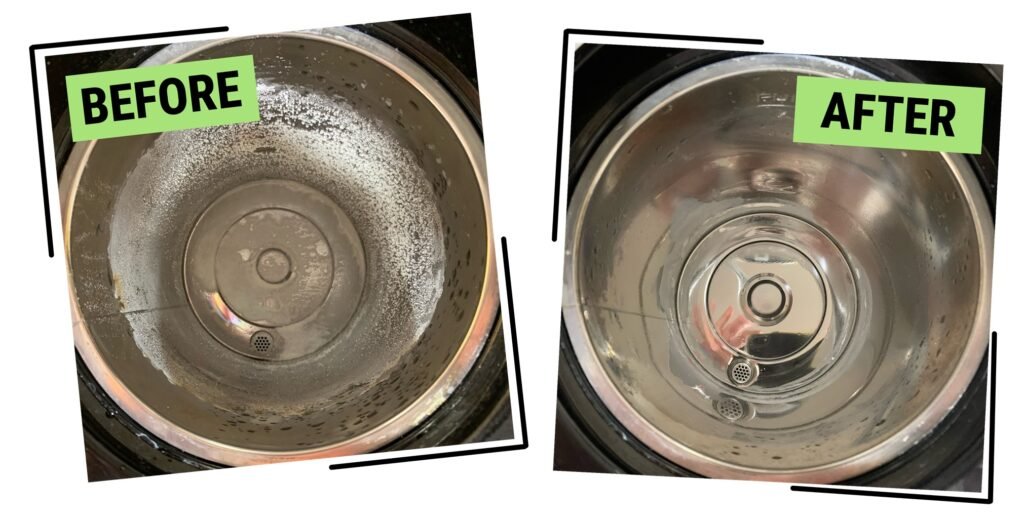 Limescale buildup in a hot water dispenser before and after descaling with Halefresh descaling solution.