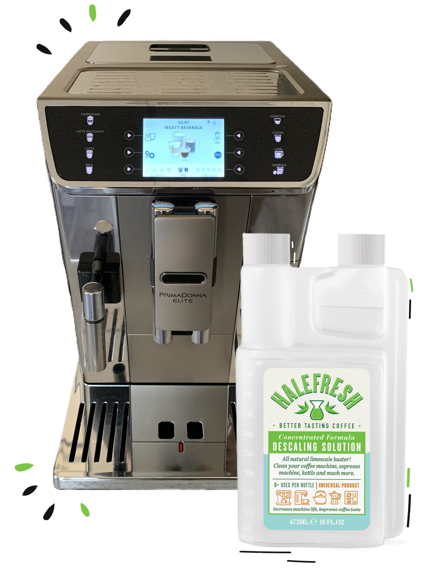 Delonghi Super Automatic Espresso Machine with Halefresh Descaling Solution in front of it.
