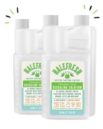 Two bottles of Halefresh descaling solution with one behind the other.