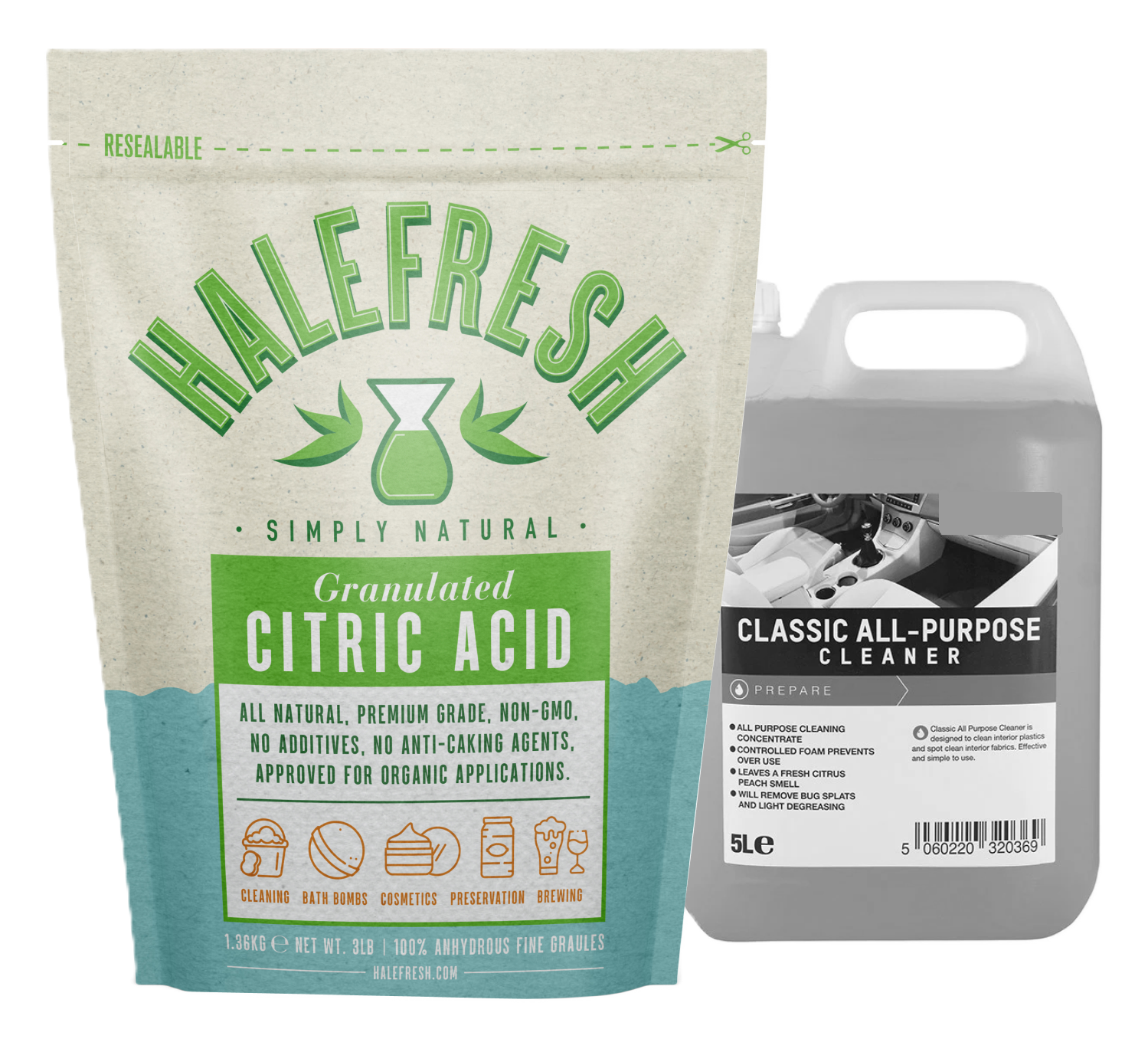 Halefresh citric acid in stand up pouch in front of a jug of chemical cleaner.