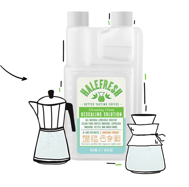 Halefresh descaling solution with brew pot and chemex coffee pot.
