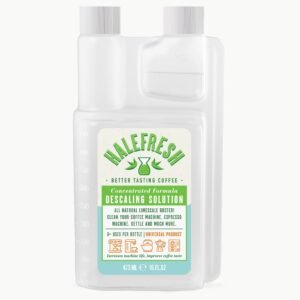 Front view of Halefresh descaling solution in 16 ounce twin neck bettix bottle that has a main chamber and a 1 ounce dispensing cham